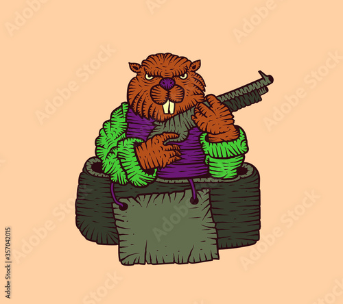 Beaver with a shotgun. Aggressive rodent in the wheel. Cartoon vector illustration