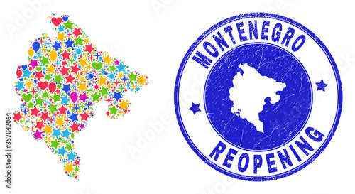 Celebrating Montenegro map collage and reopening grunge stamp. Vector mosaic Montenegro map is created of randomized stars, hearts, balloons.