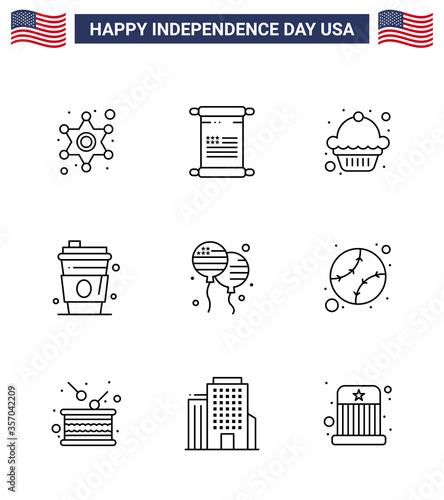 Happy Independence Day Pack of 9 Lines Signs and Symbols for fly; bloon; cake; usa; drink photo