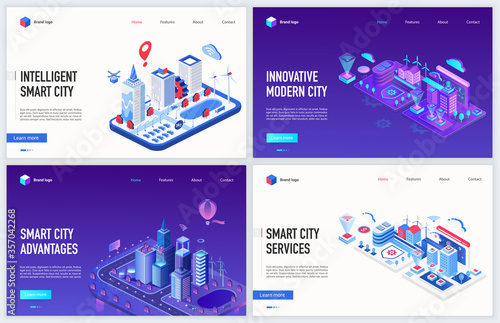 Isometric smart city iot technology vector illustration. Creative modern concept banner set, website design with cartoon 3d map of cityscape using cyber infrastructure, artificial intelligence control