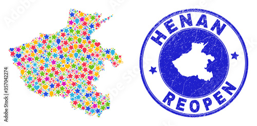 Celebrating Henan Province map collage and reopening rubber seal. Vector collage Henan Province map is designed of random stars, hearts, balloons.