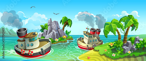 Vector panorama of ships and palm trees. Steel steamers in tropical sea among islands.