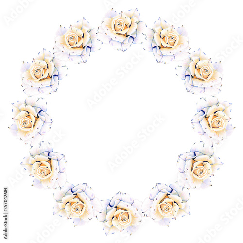 Round frame decorated with beautiful flowers, frame for invitations, wedding invitations, birthday.