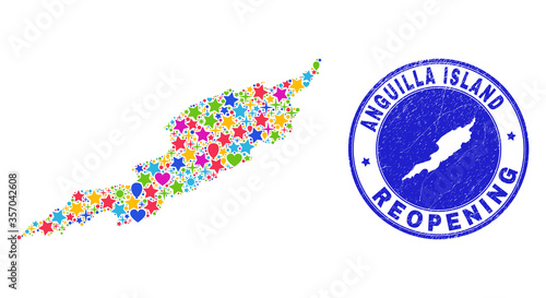 Celebrating Anguilla Island map mosaic and reopening scratched watermark. Vector collage Anguilla Island map is constructed with scattered stars, hearts, balloons.