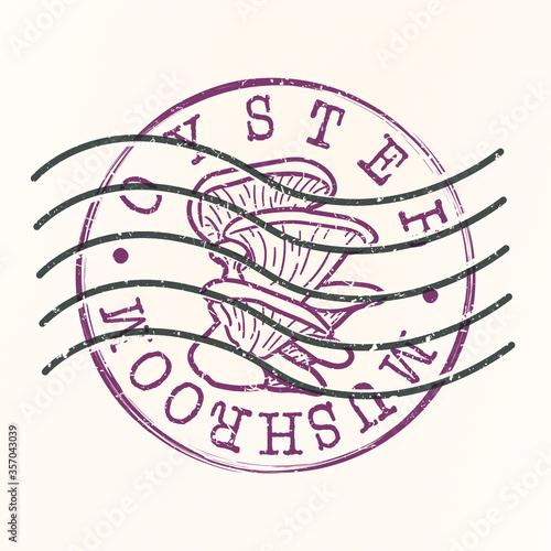 Oyster Stamp Postal. Wood Mushroom Silhouette Seal. Passport Round Design. Vector Icon. Design Retro Travel.