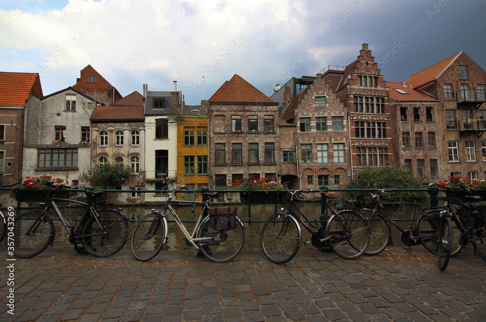 Bicycles in Ghent Belgium next to the river