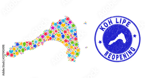 Celebrating Koh Lipe map mosaic and reopening unclean stamp. Vector collage Koh Lipe map is done with randomized stars, hearts, balloons.