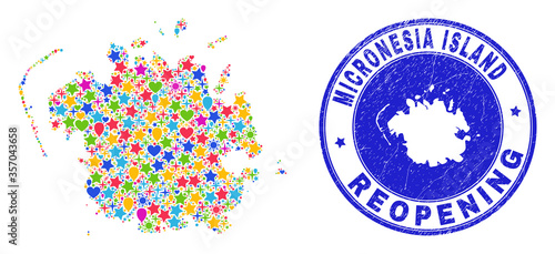 Celebrating Micronesia island map collage and reopening rubber stamp. Vector collage Micronesia island map is created of random stars, hearts, balloons.