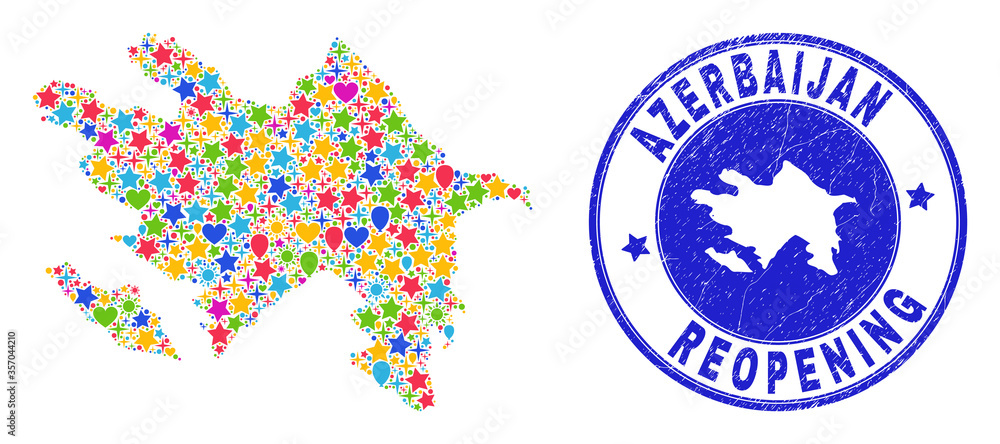 Celebrating Azerbaijan map collage and reopening rubber seal. Vector collage Azerbaijan map is formed with randomized stars, hearts, balloons. Celebrating Azerbaijan map collage and reopening rubber seal. Vector collage Azerbaijan map is formed with randomized stars, hearts, balloons.