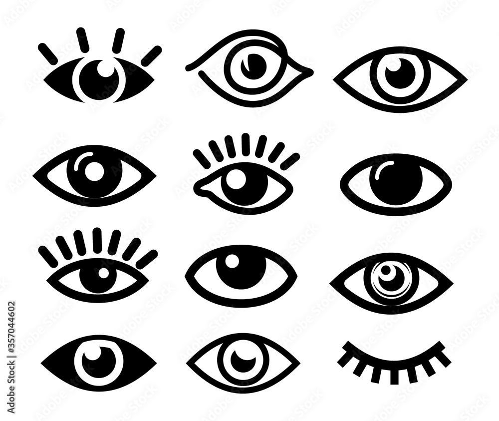 Set of abstract eye icon. Graphic symbol for logo design or information objects. Vision black and white shapes. Vector illustration. Isolated on white background. Set of abstract eye icon. Graphic symbol for logo design or information objects. Vision black and white shapes. Vector illustration. Isolated on white background.
