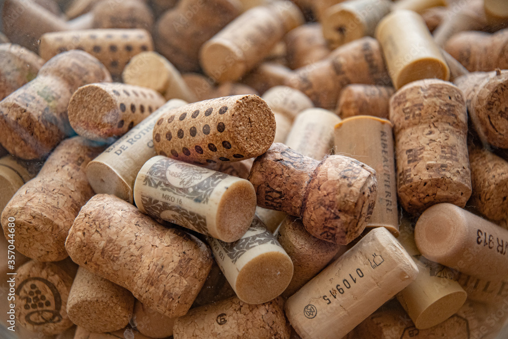 wine bottle corks. Different old wine corks closeup. Wine bar backdrop