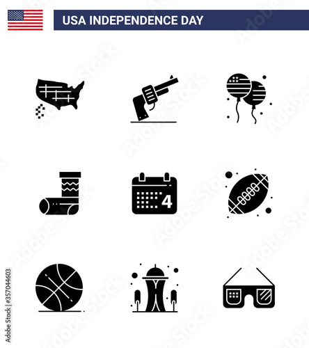 USA Happy Independence DayPictogram Set of 9 Simple Solid Glyphs of day; gift; bloon; festivity; celebration photo