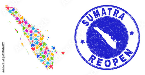 Celebrating Sumatra map collage and reopening scratched watermark. Vector collage Sumatra map is composed with scattered stars, hearts, balloons.