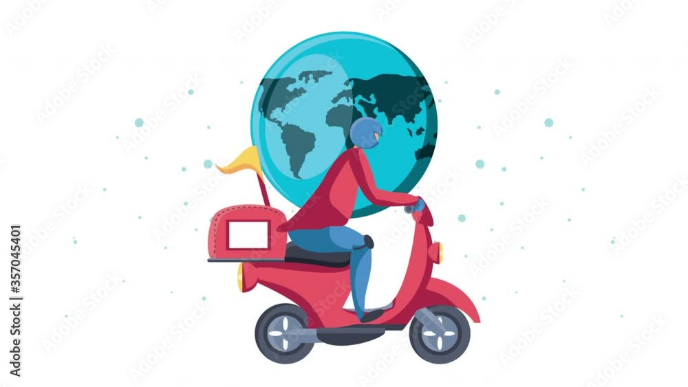 delivery service worker in motorcycle and earth planet animation delivery service worker in motorcycle and earth planet animation