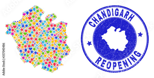 Celebrating Chandigarh City map collage and reopening unclean watermark. Vector mosaic Chandigarh City map is designed with randomized stars, hearts, balloons.