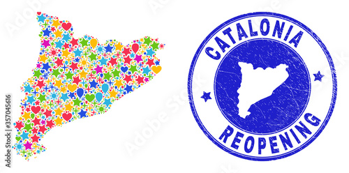 Celebrating Catalonia map mosaic and reopening unclean seal. Vector mosaic Catalonia map is constructed of randomized stars, hearts, balloons.