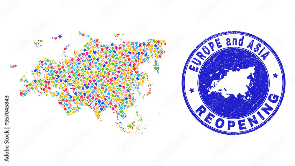 Celebrating Europe and Asia map collage and reopening rubber seal. Vector collage Europe and Asia map is composed with random stars, hearts, balloons.