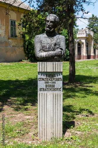 Konstfotografi Kulpin, Serbia - June 02, 2020: Memorial bust of Djordje Stratimirovic in Kulpin