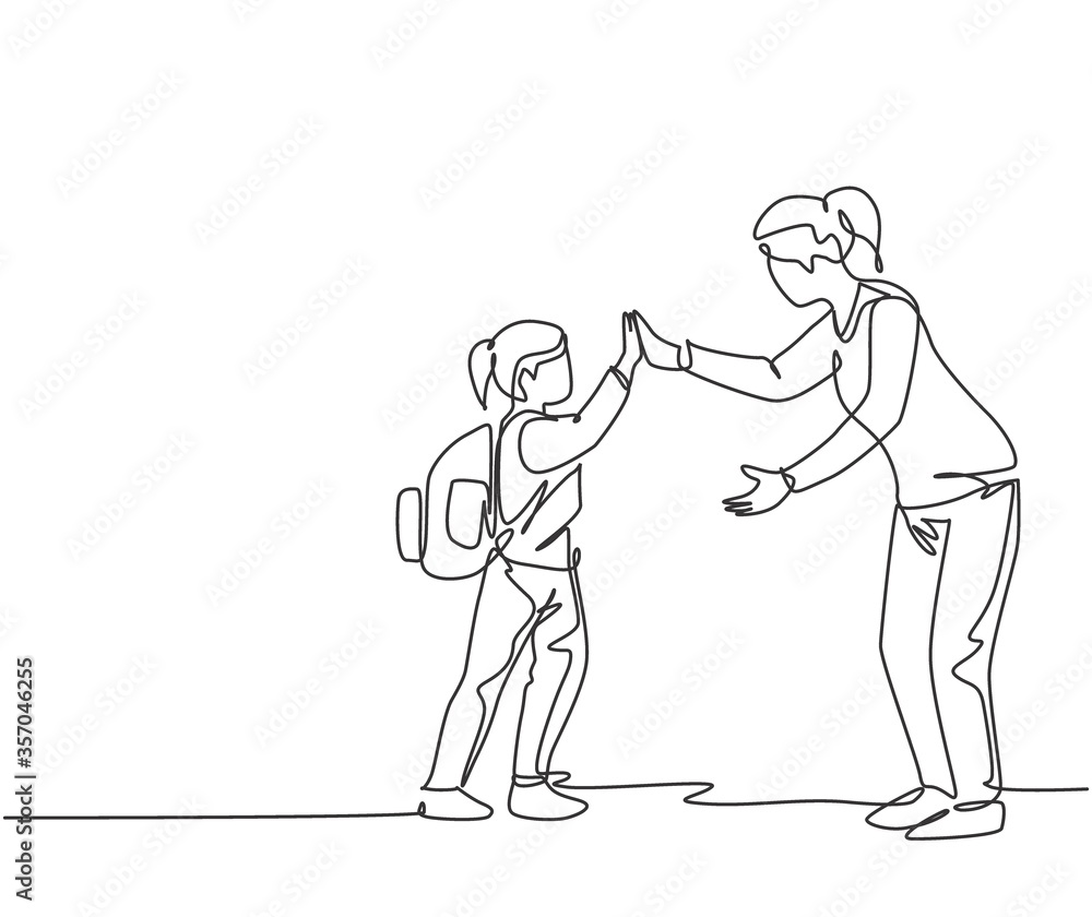 One line drawing of female teacher meet one of her student at school and giving high five gesture. School education activity concept. Continuous line draw design graphic vector illustration