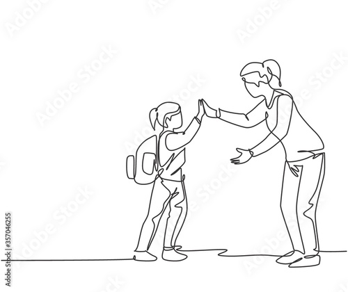 One line drawing of female teacher meet one of her student at school and giving high five gesture. School education activity concept. Continuous line draw design graphic vector illustration