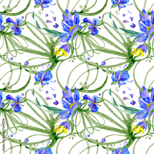 Seamless watercolor pattern of wildflowers in the grass.