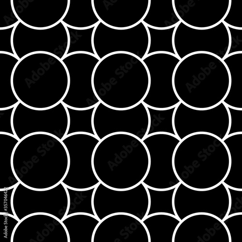 Black figures on white background. Circles and squares texture. Ethnic motif. Seamless surface pattern design with circular embroidery ornament. Digital paper with rings, textile print, web designing.