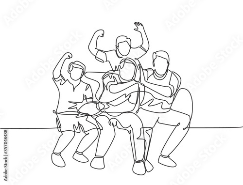One single line drawing of young happy group fans siting on sofa and watching their favorite club playing the match on the television. Fans club concept continuous line draw design vector illustration