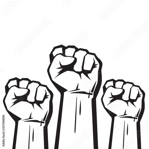 Clenched fists raised in protest. Three human hands raised in the air. Vector illustration.