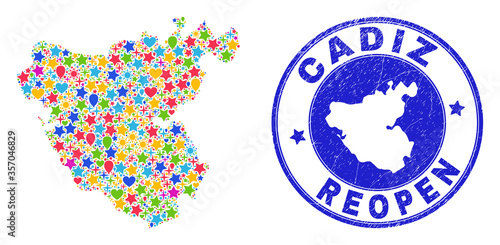 Celebrating Cadiz Province map mosaic and reopening grunge stamp. Vector mosaic Cadiz Province map is formed with randomized stars, hearts, balloons.