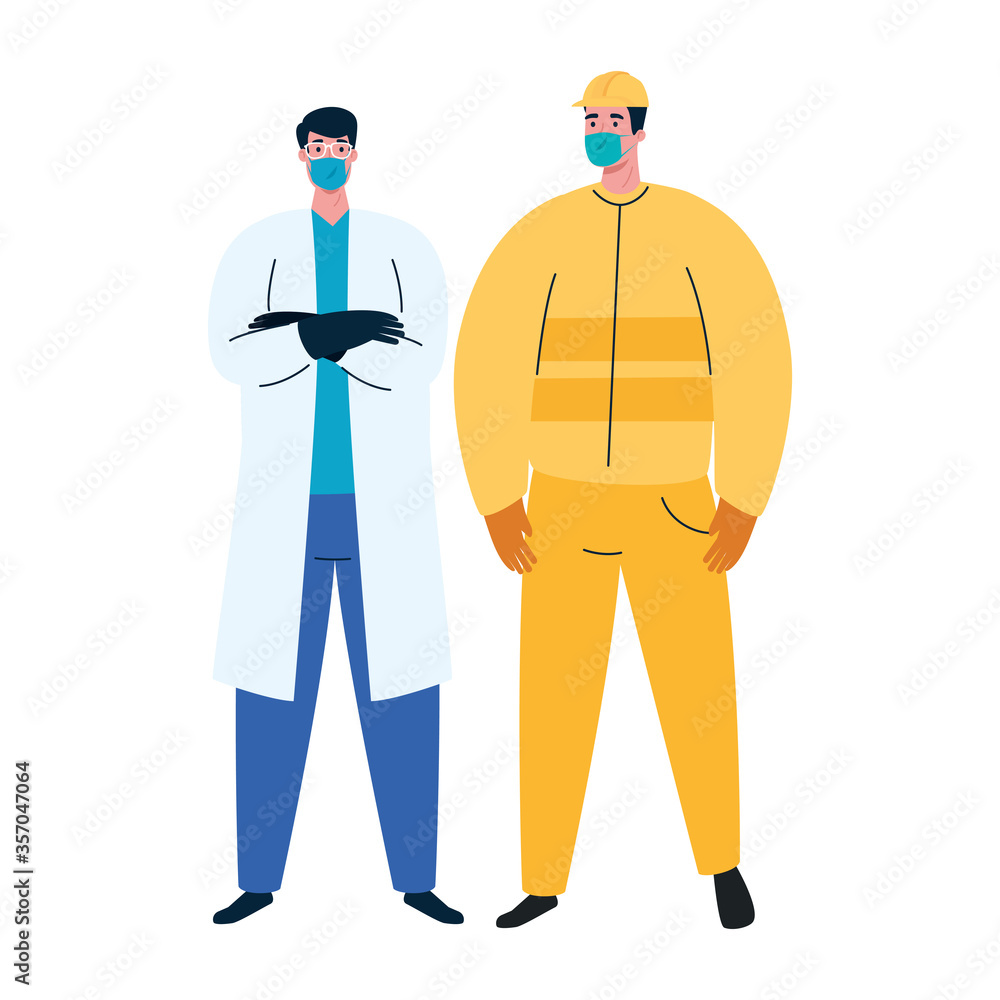 male constructer and doctor with masks design, Workers occupation and job theme Vector illustration