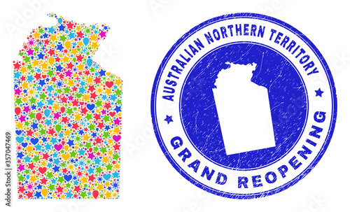 Celebrating Australian Northern Territory map mosaic and reopening grunge seal. Vector mosaic Australian Northern Territory map is composed of random stars, hearts, balloons.