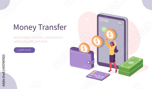 People Character Standing near big Wallet, Sending and Receiving Money by Smartphone. Money Transfer and Payment Transaction in Online Banking Mobile App. Flat Isometric Vector Illustration.