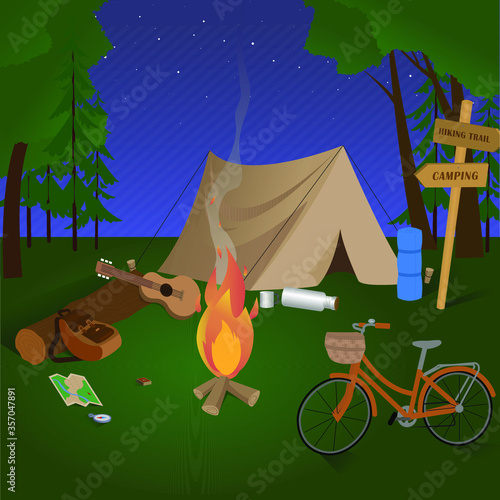 Summertime camping in forest. Camp and hiking equipment and gear. Camping and traveling. Tourism. Adventure and exploration concept.