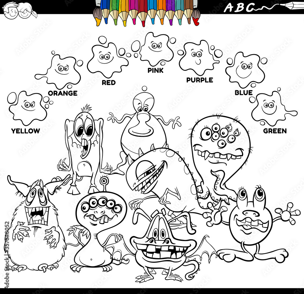 Fototapeta premium basic colors color book with monster characters