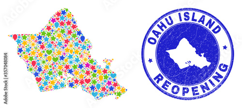 Celebrating Oahu Island map collage and reopening rubber stamp. Vector collage Oahu Island map is done with randomized stars, hearts, balloons.