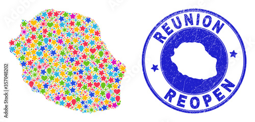 Celebrating Reunion Island map mosaic and reopening rubber seal. Vector mosaic Reunion Island map is organized of random stars, hearts, balloons. Rounded rough blue seal with distress rubber texture.
