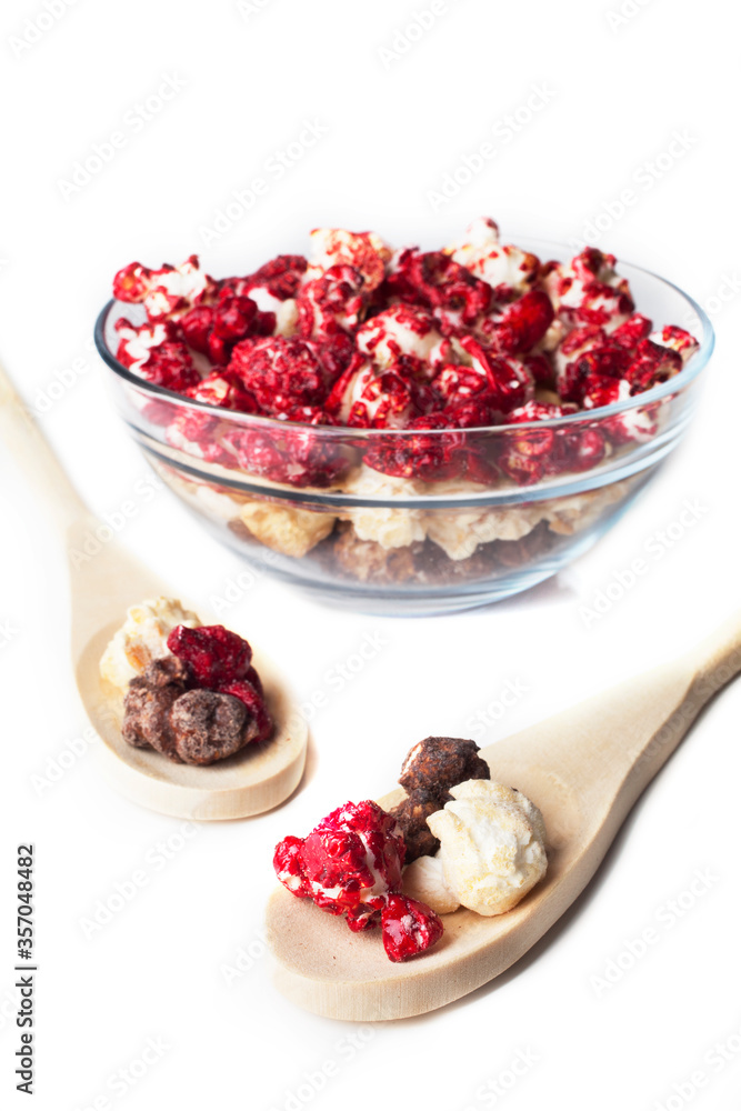 Rustic colored cups of Chocolate, Strawberry and Cream Gourmet Popcorn over white background. Rustic colored cups of Chocolate, Strawberry and Cream Gourmet Popcorn over white background.