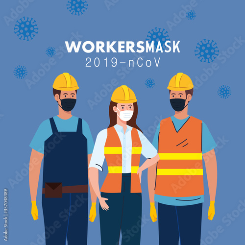 female and male constructers with uniforms and masks design of Coronavirus 2019 nCov workers theme Vector illustration photo