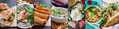 vietnamese food collage with beef pho and bahn mi
