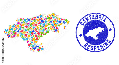 Celebrating Cantabria Province map mosaic and reopening rubber watermark. Vector mosaic Cantabria Province map is made with random stars, hearts, balloons.
