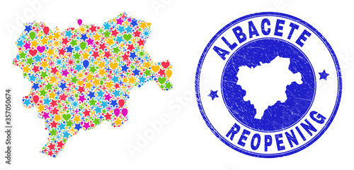 Celebrating Albacete Province map collage and reopening rubber stamp. Vector collage Albacete Province map is designed from random stars, hearts, balloons.