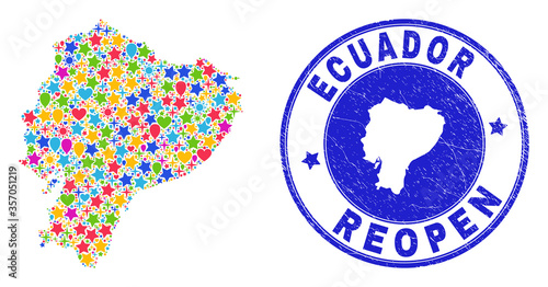 Celebrating Ecuador map mosaic and reopening rubber stamp seal. Vector collage Ecuador map is done with randomized stars, hearts, balloons. Rounded awry blue stamp imprint with unclean rubber texture.