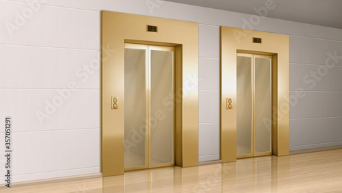 Golden elevator with glass doors in hallway perspective view. Vector realistic empty modern office or hotel lobby interior with luxury lift  panel with buttons and floor display on wall