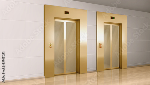 Golden elevator with glass doors in hallway perspective view. Vector realistic empty modern office or hotel lobby interior with luxury lift, panel with buttons and floor display on wall