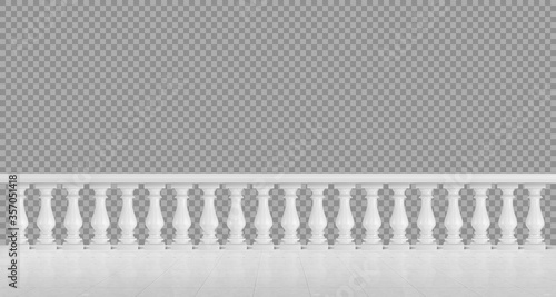 White marble balustrade on balcony, porch or terrace with tiled floor. Stone handrail in classic roman style isolated on transparent background. Vector realistic mockup with baroque railing