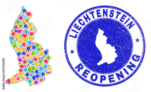 Celebrating Liechtenstein map mosaic and reopening dirty seal. Vector mosaic Liechtenstein map is composed of random stars, hearts, balloons. Rounded crooked blue seal with scratched rubber texture.