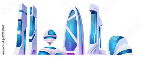 Future city, futuristic buildings with glass facade and unusual shapes isolated on white background. Modern style architecture towers and skyscrapers. Alien urban cityscape design, Cartoon vector set