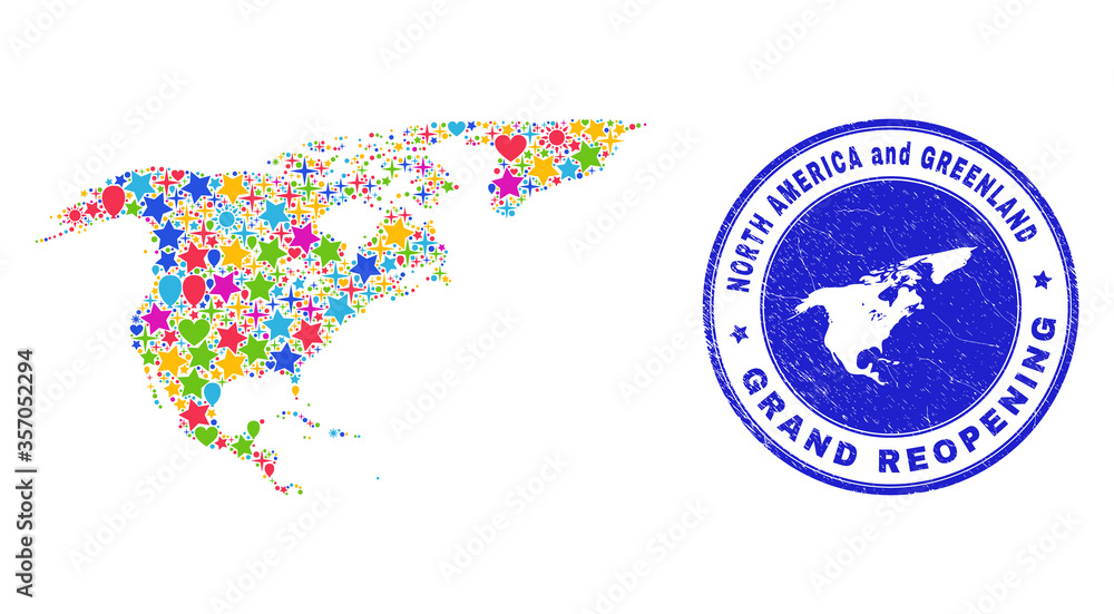 Obraz premium Celebrating North America and Greenland map mosaic and reopening rubber watermark. Vector mosaic North America and Greenland map is done with scattered stars, hearts, balloons.