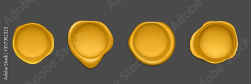 Golden wax seal stamp approval sealing. Quality guarantee blank retro postal label, royal insignia for letter or document isolated on transparent background. Realistic 3d vector illustration, icon set