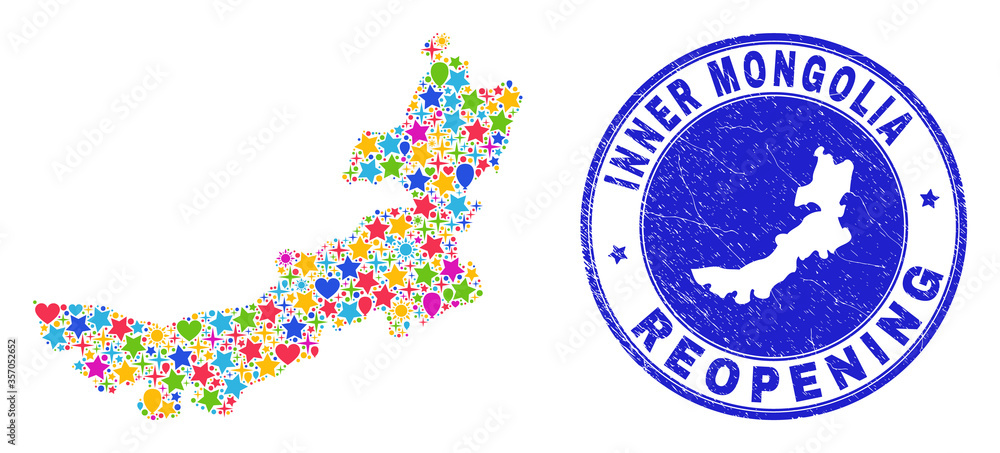 Celebrating Inner Mongolia map collage and reopening grunge stamp seal. Vector collage Inner Mongolia map is designed of random stars, hearts, balloons. Celebrating Inner Mongolia map collage and reopening grunge stamp seal. Vector collage Inner Mongolia map is designed of random stars, hearts, balloons.